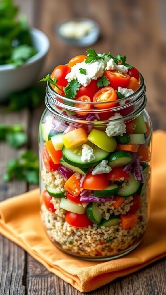 A layered quinoa salad in a jar with vegetables, feta, and parsley on a wooden table.